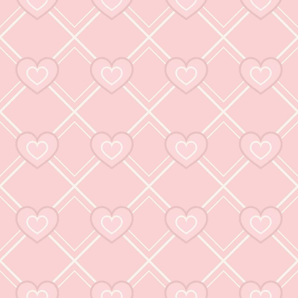 Geometric pink pattern with heart icons. Diagonal square grid. Low contrast. For prints, clothing, holiday goods, surface design For Valentines Day, girls design vector