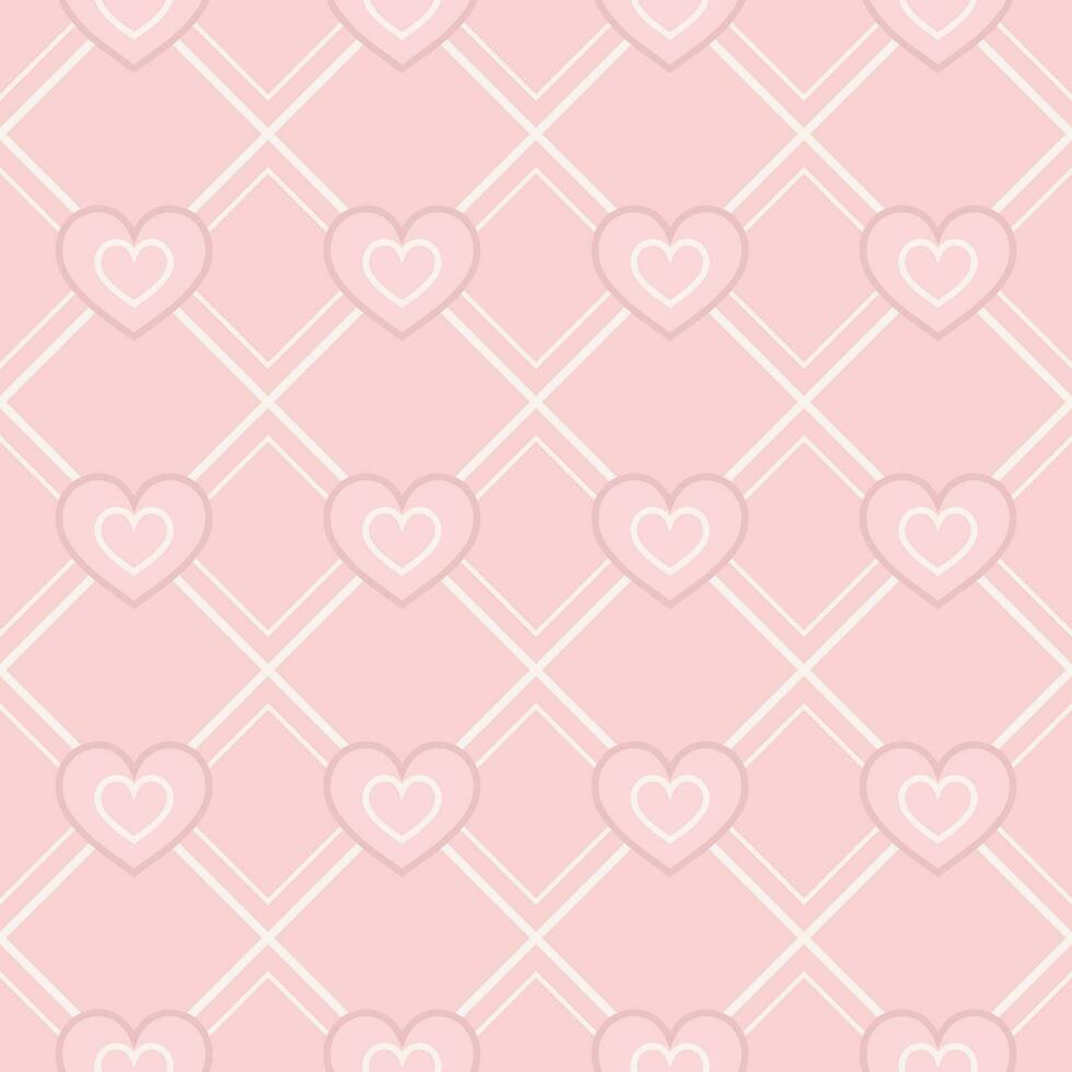 Geometric pink pattern with heart icons. Diagonal square grid. Low contrast. For prints, clothing, holiday goods, surface design For Valentines Day, girls design vector