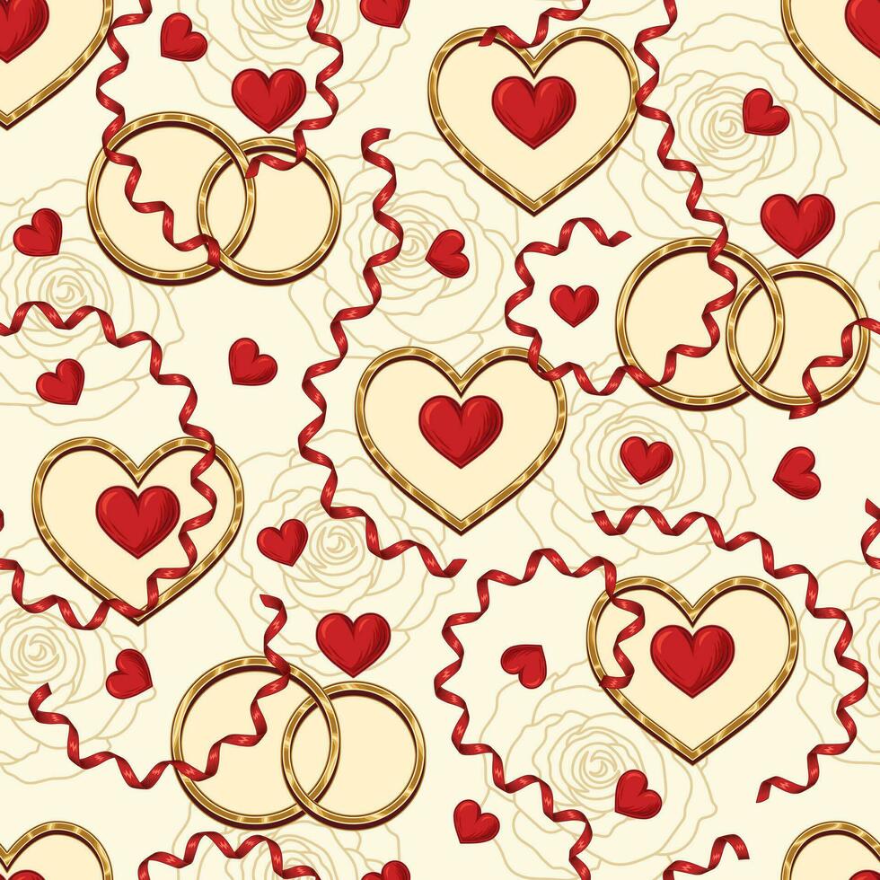 Valentines day seamless pattern with romantic symbols, gold rings, red hearts, outline rose flower, spiral ribbon on white background. For wedding, engagement event, Valentines Day, gift decoration. vector