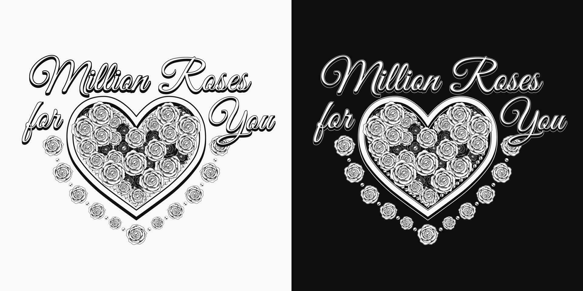 Black and white label with heart, roses, text Million Roses. For clothing, t shirt design, engagement event, Valentines Day, gift design. vector