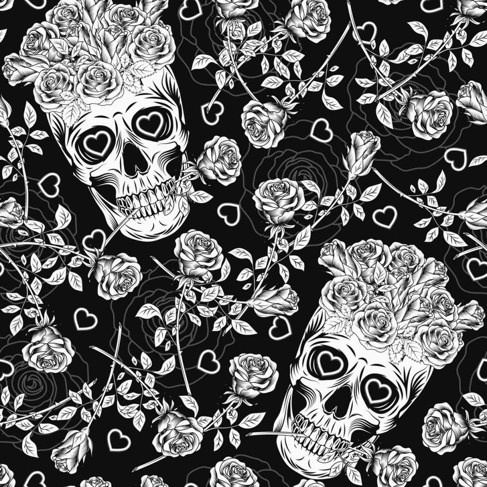 Black and white pattern with skull like cup full of roses, scattered roses with stem. Gothic love illustration. For clothing, t shirt design, engagement event, Valentines Day, gift decoration. vector