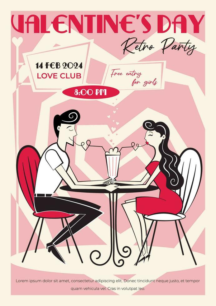 Valentine's Day retro party invitation, poster. 60s - 70s style Valentine's Day vector illustration of couple in love on a date in cafe drinking cocktail.