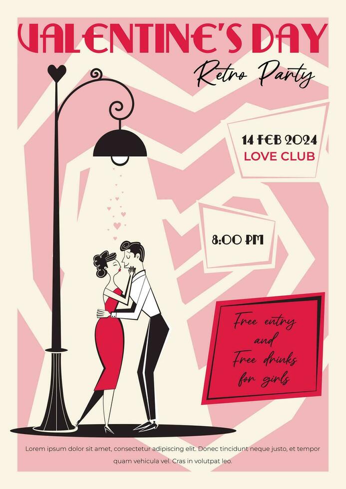 reValentine's Day retro party invitation, poster. 60s - 70s style Valentine's Day vector illustration of couple in love on a date, under the lantern light.