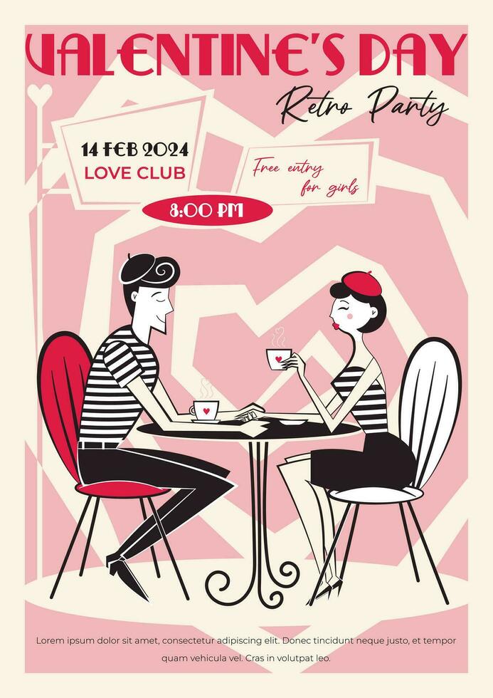 San Valentín día retro fiesta invitación, póster. 60s - 70s estilo San Valentín día vector ilustración de mímica Pareja en amor en un fecha en café Bebiendo café.