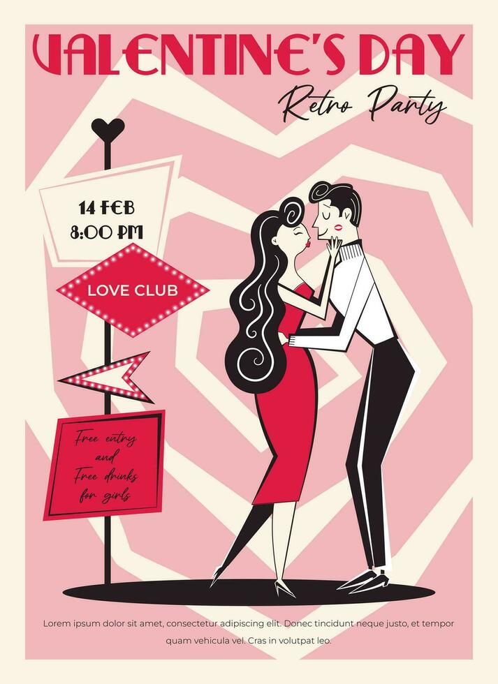 Valentine's Day retro party invitation, poster. 60s - 70s style Valentine's Day vector illustration of couple in love on a date.