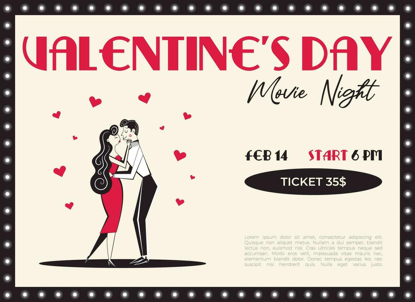 Valentine's Day movie night invitation, poster. 60s - 70s style Valentine's Day vector illustration of couple in love on a date.