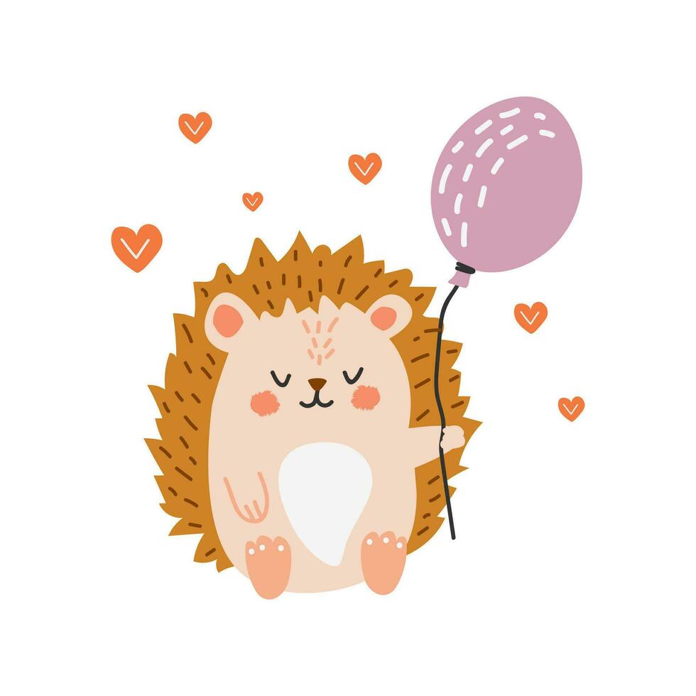 Cute cartoon hedgehog vector illustration in flat style.  Hedgehog with balloon. For poster, greeting card and kids design. Valentine's Day. White isolated background.