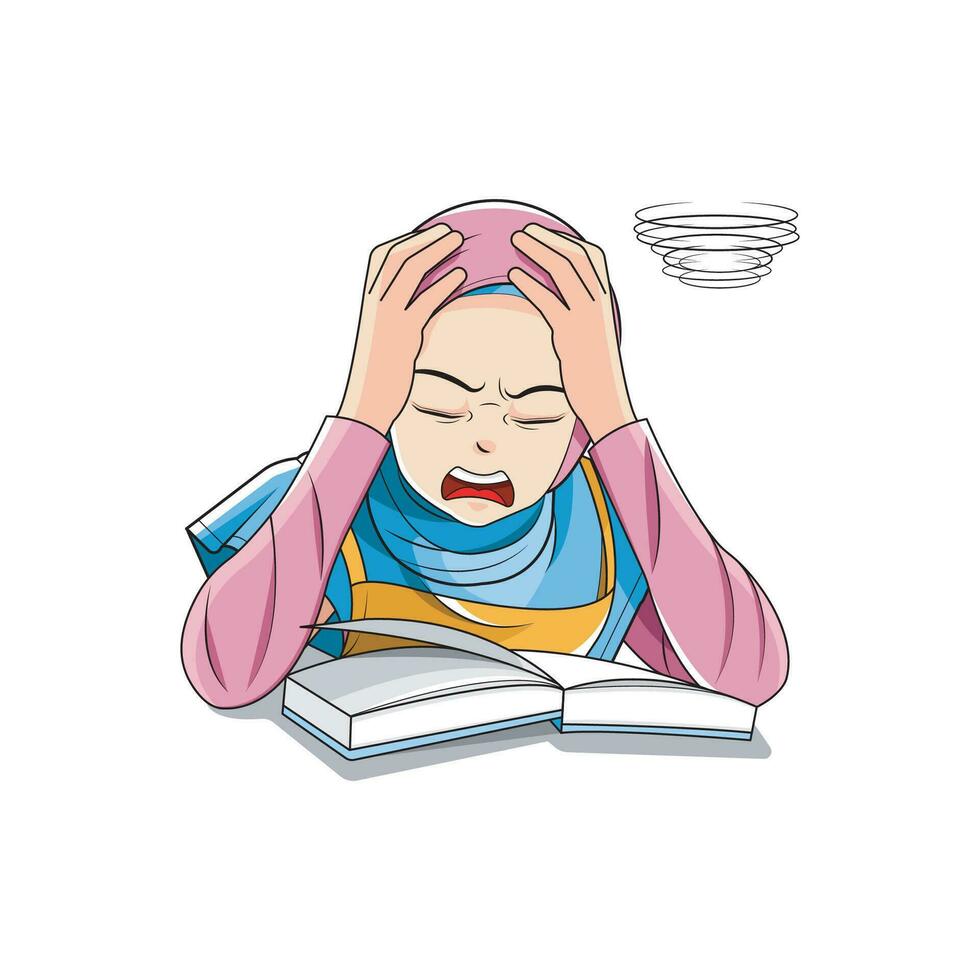 Education. Girls in hijab are stressed working on a problem. Vector illustration
