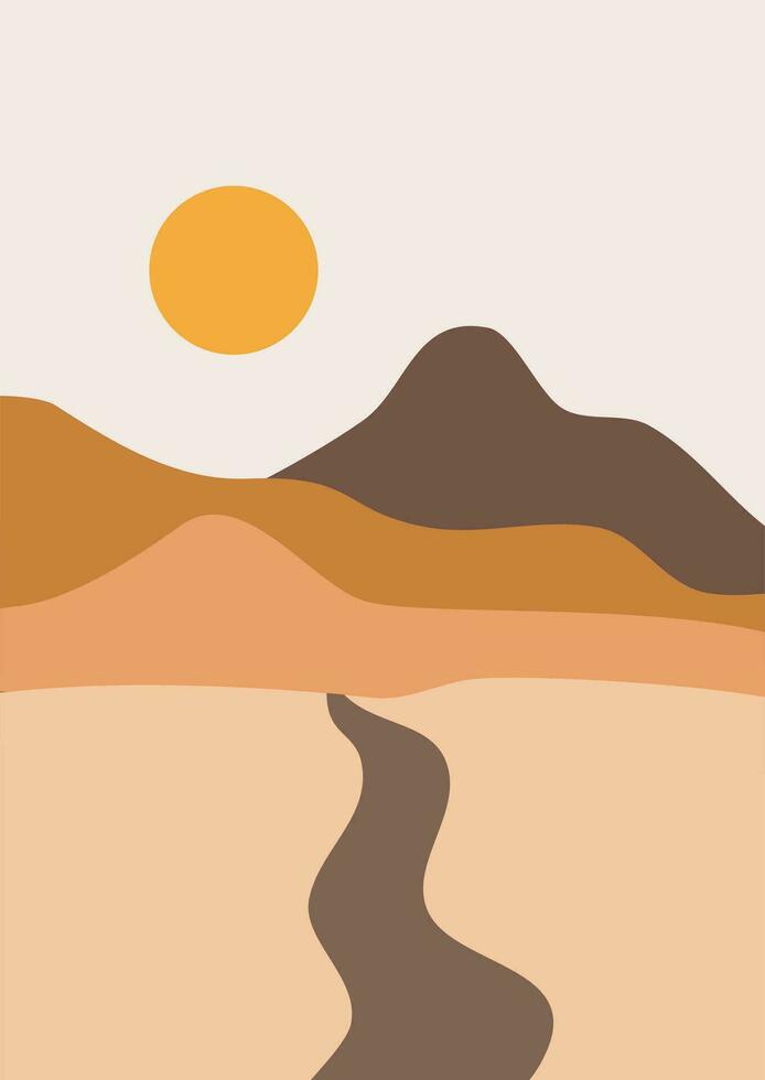 Abstract contemporary aesthetic backgrounds landscapes set with sunrise, sunset, night. Boho wall decor. Mid century modern minimalist art print. Flat design. Abstract mountain landscape background vector