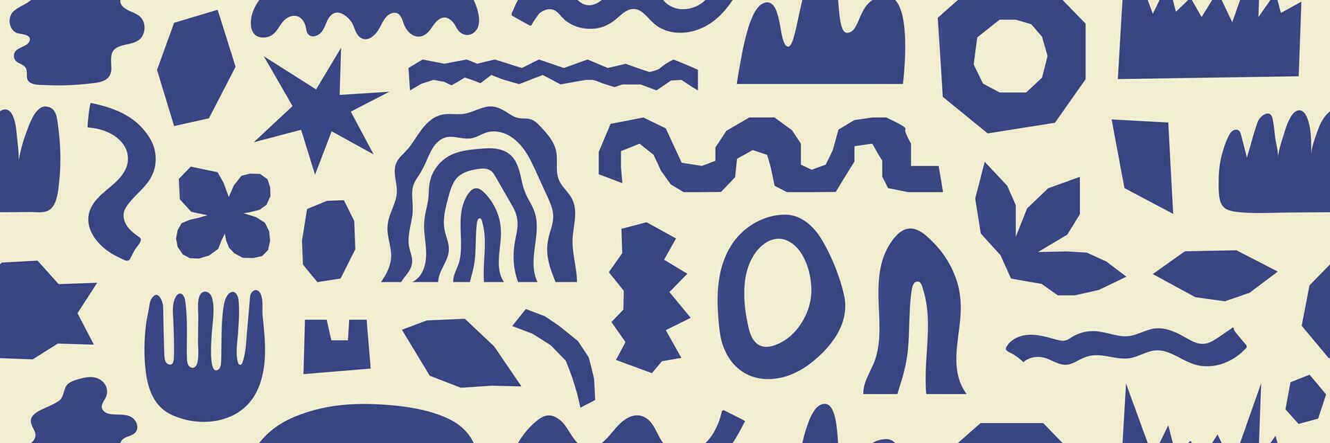 Abstract seamless pattern with blue organic cut out shapes on a beige background. Trendy vector collage. Horizontal background