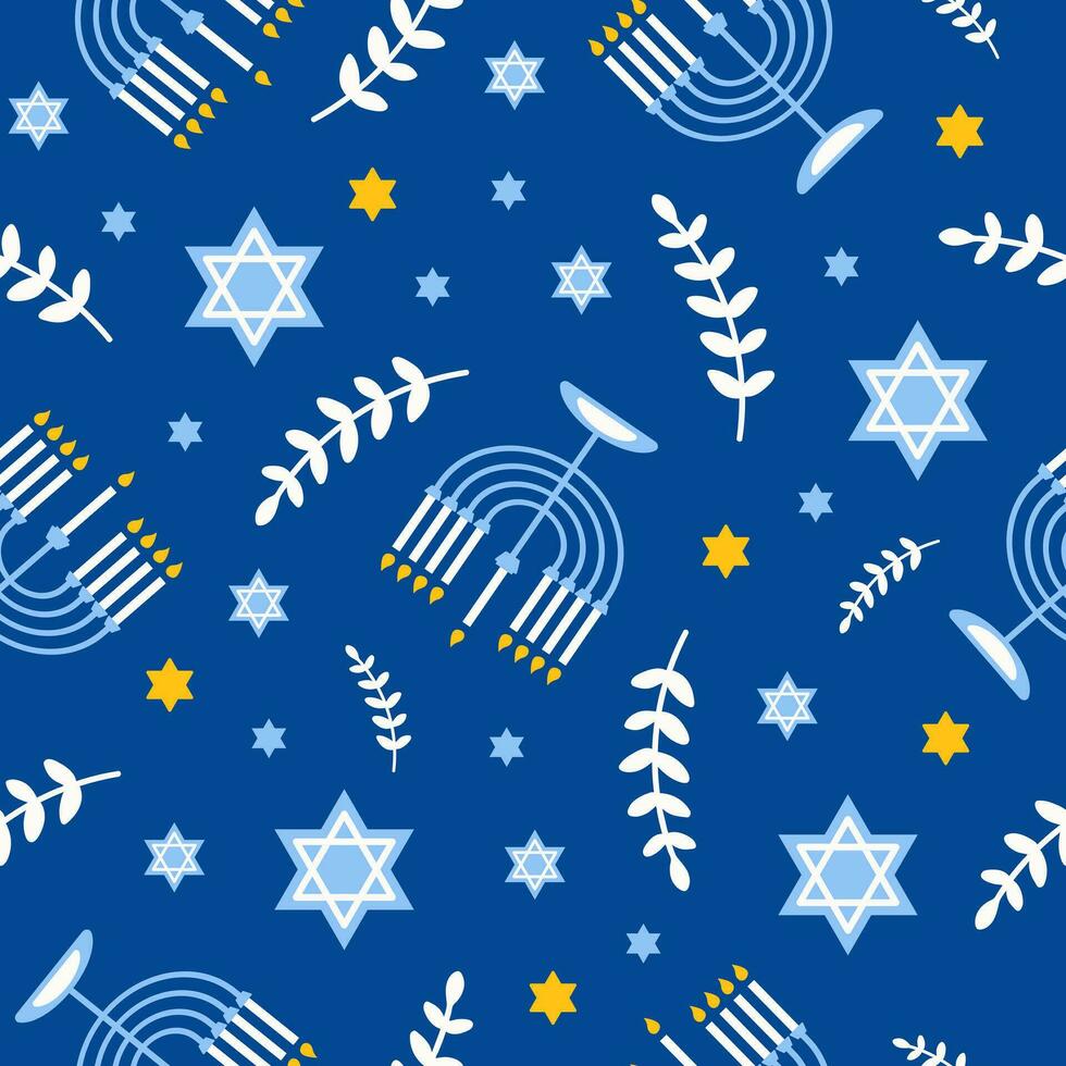 Happy Hanukkah seamless pattern with creative symbols on blue background. Modern festive design for wallpaper, wrapping paper, fabric, banner. Vector illustration