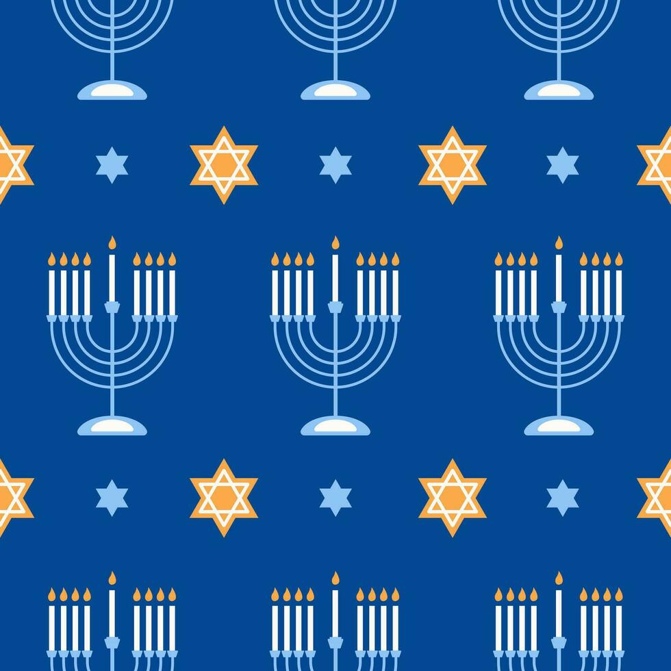 Happy Hanukkah seamless pattern with creative symbols on blue background. Modern festive design for wallpaper, wrapping paper, fabric, banner. Vector illustration