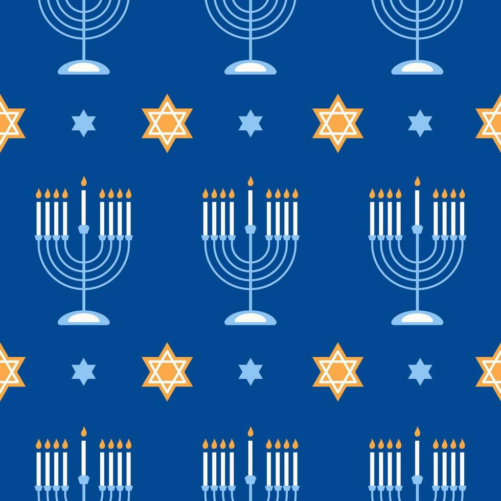 feliz hanukkah de patrones sin fisuras con símbolos creativos sobre fondo azul. diseño festivo moderno para papel pintado, papel de envolver, tela, pancarta. ilustración vectorial vector