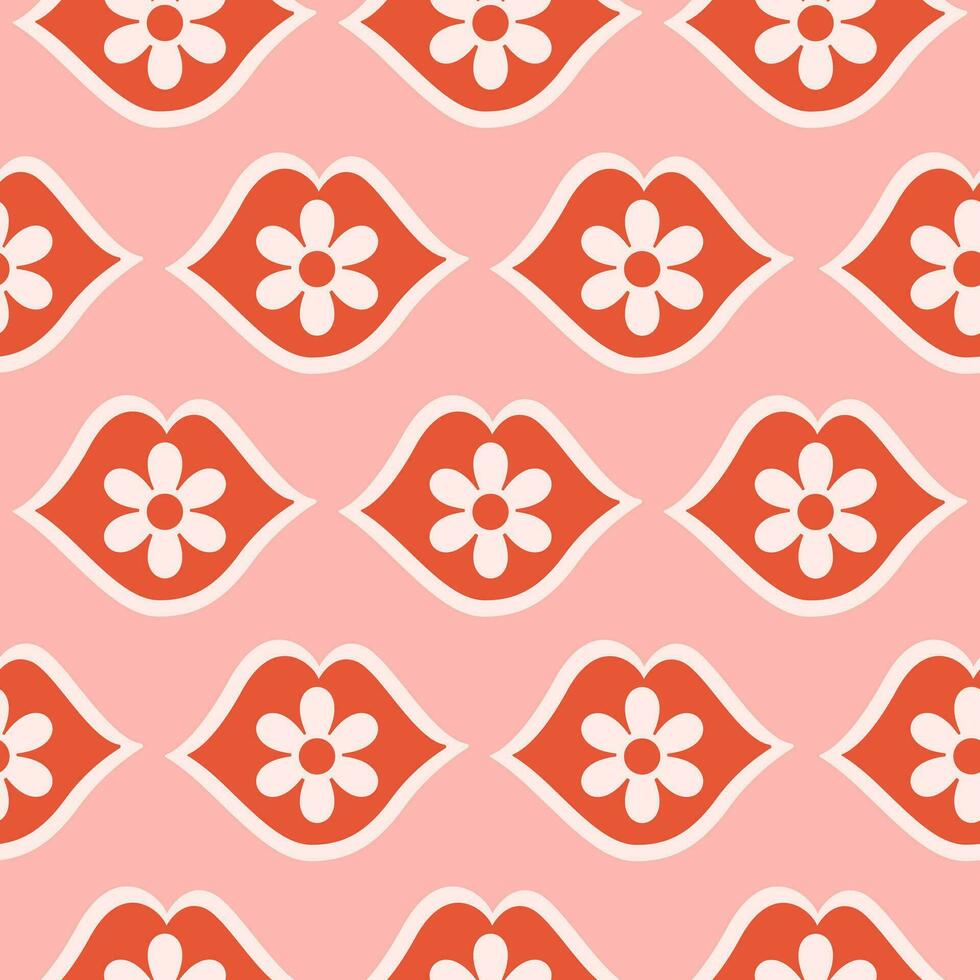 Romantic floral seamless pattern with red lips and daisy flowers. Minimalistic retro print for textile, wrapping paper, web design and social media in style 60s, 70s. Vector illustration