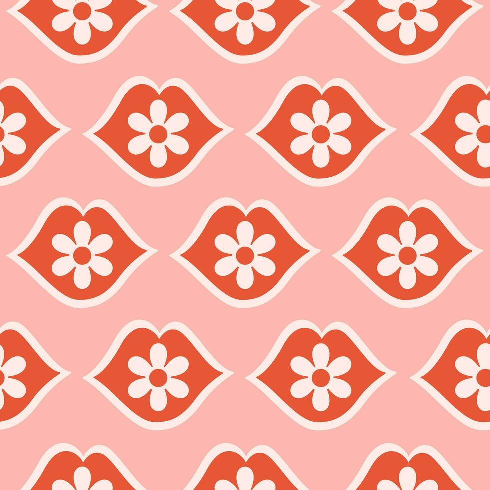 romántico floral sin costura modelo con rojo labios y margarita flores minimalista retro impresión para textil, envase papel, web diseño y social medios de comunicación en estilo años 60, años 70 vector ilustración