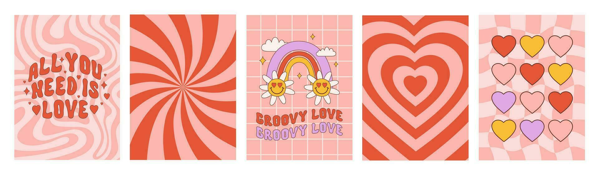 Romantic retro groovy set backgrounds in style 60s, 70s. Trendy vector illustration. Red and pink colors