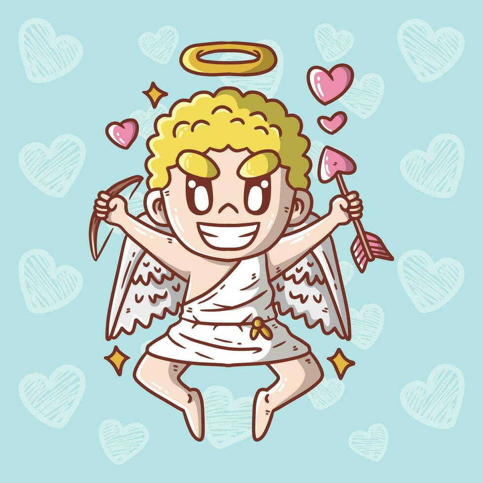 Cartoon vector illustration of Cute Happy Cupid ready to shoot arrows of love. Hand drawn vector illustration