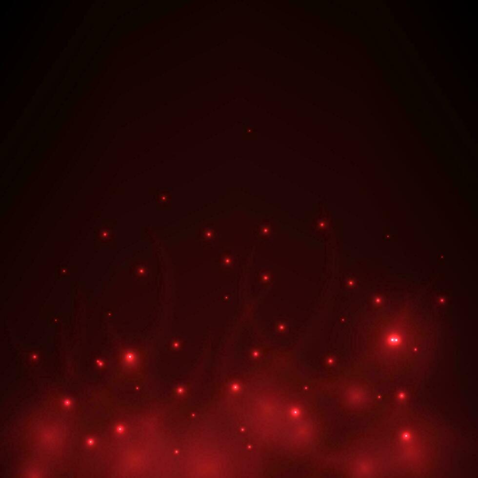 Vector abstract lightting effect. Flying red sparkless and fog on black background.