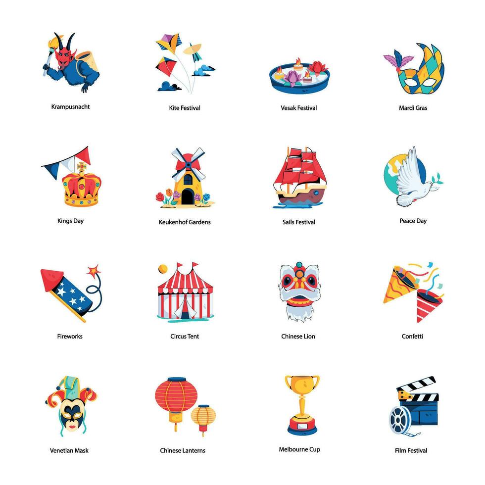 plano icono conjunto representando global celebraciones vector