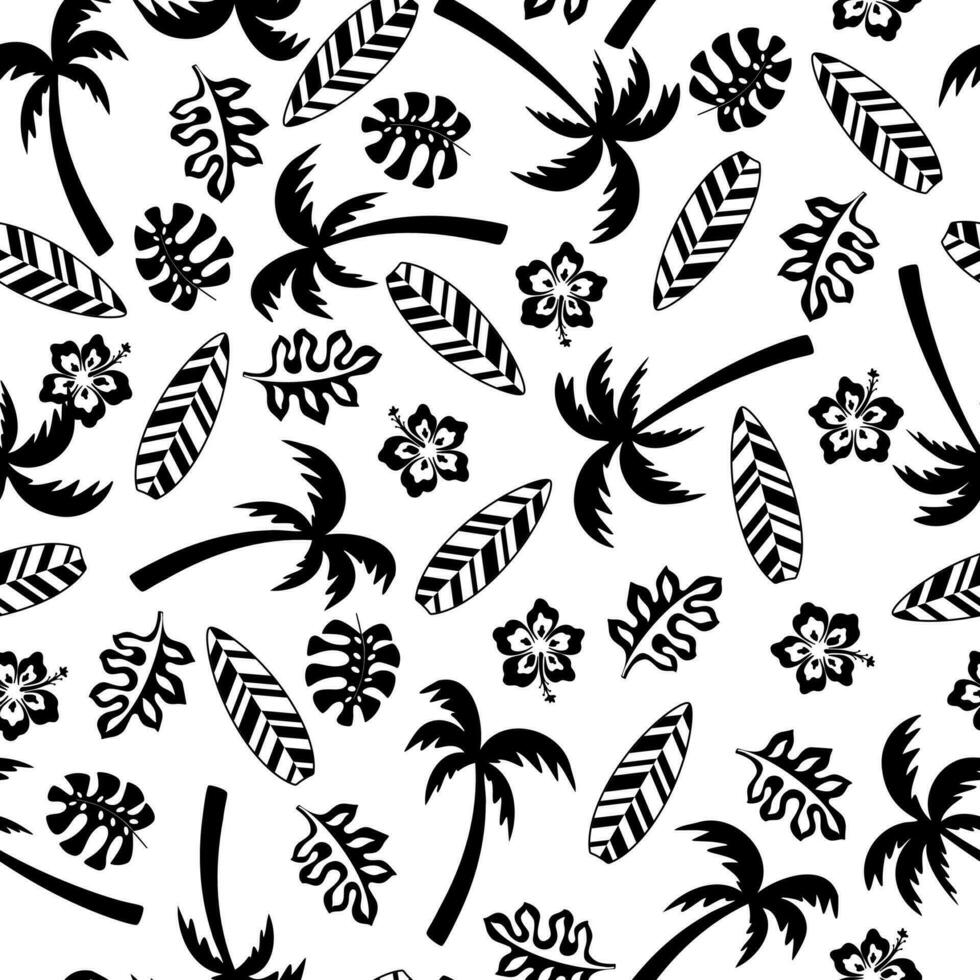 Summer seamless pattern. Palms, flowers and surfboard vector