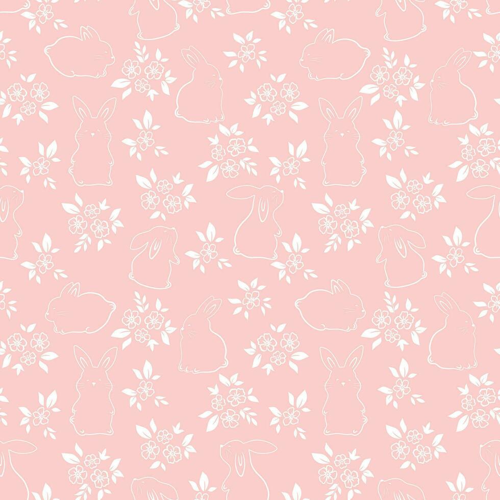 Seamless pattern of cute white rabbits on a pink background with floral elements. vector
