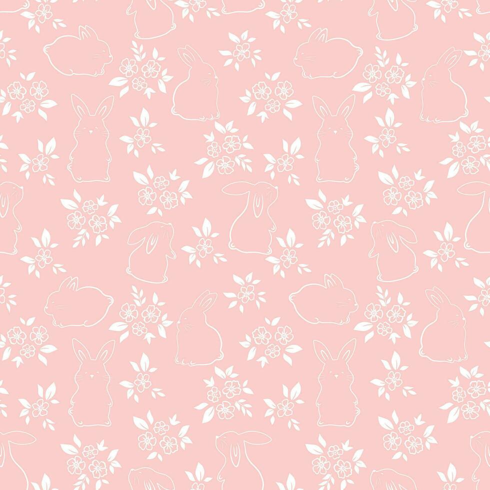 Seamless pattern of cute white rabbits on a pink background with floral elements. vector