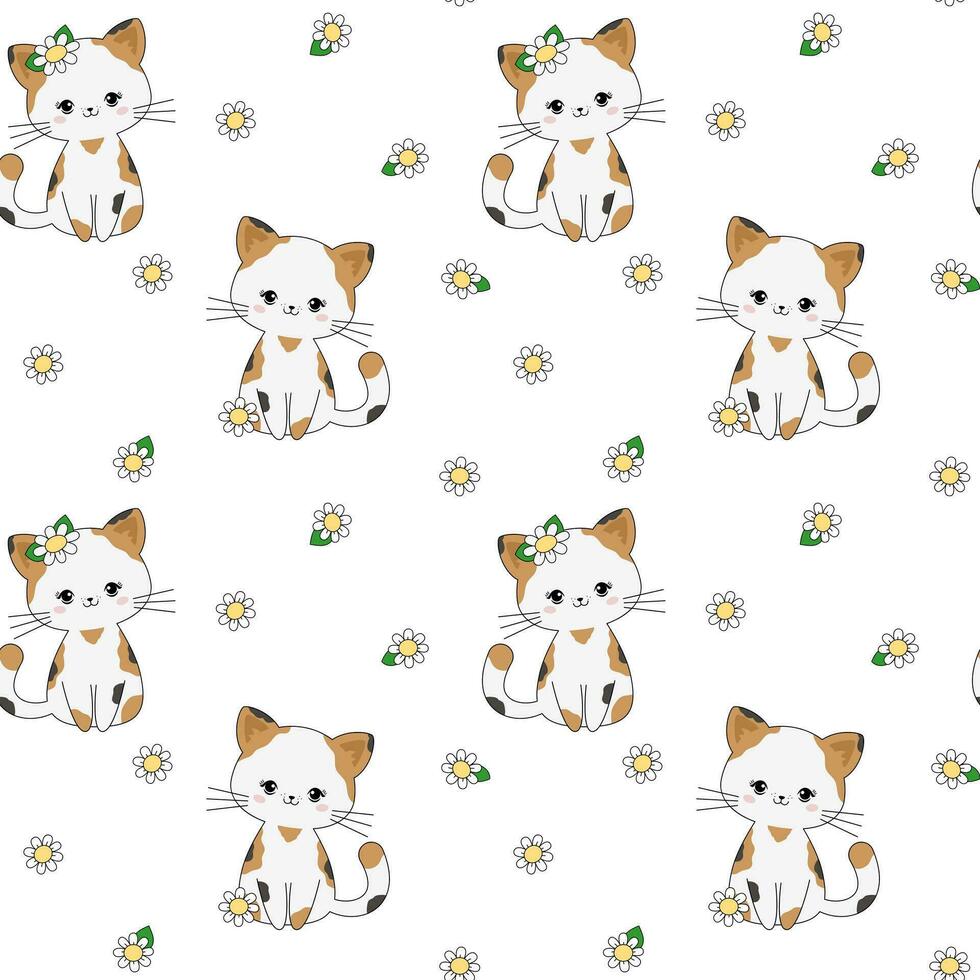 Cute cat with flower. Kawaii animals kitten seamless pattern vector