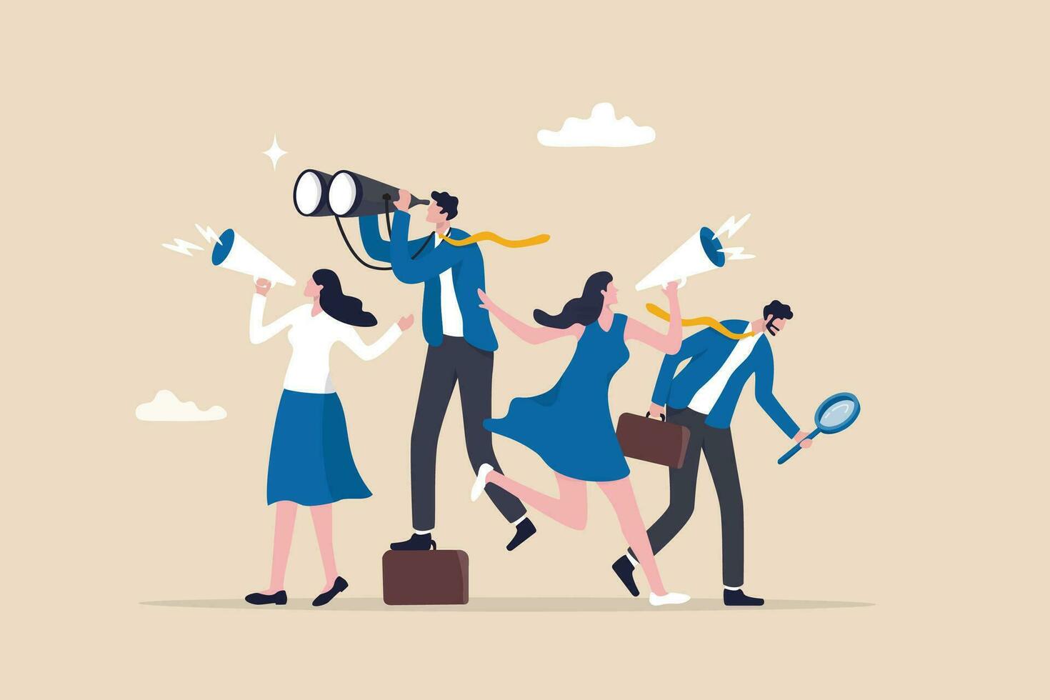Recruitment, human resources searching for candidate, hiring or finding staff for vacancy, marketing search for client or customer concept, business people searching with binoculars and megaphone. vector