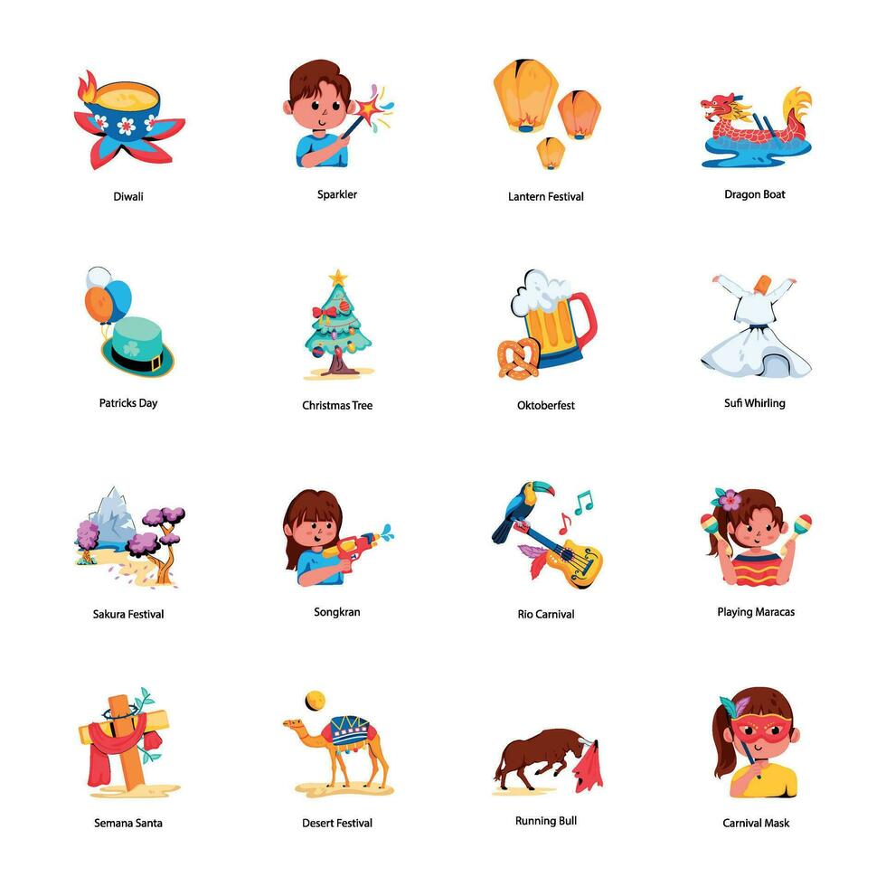 Collection of Traditional Festivals Flat Icons vector