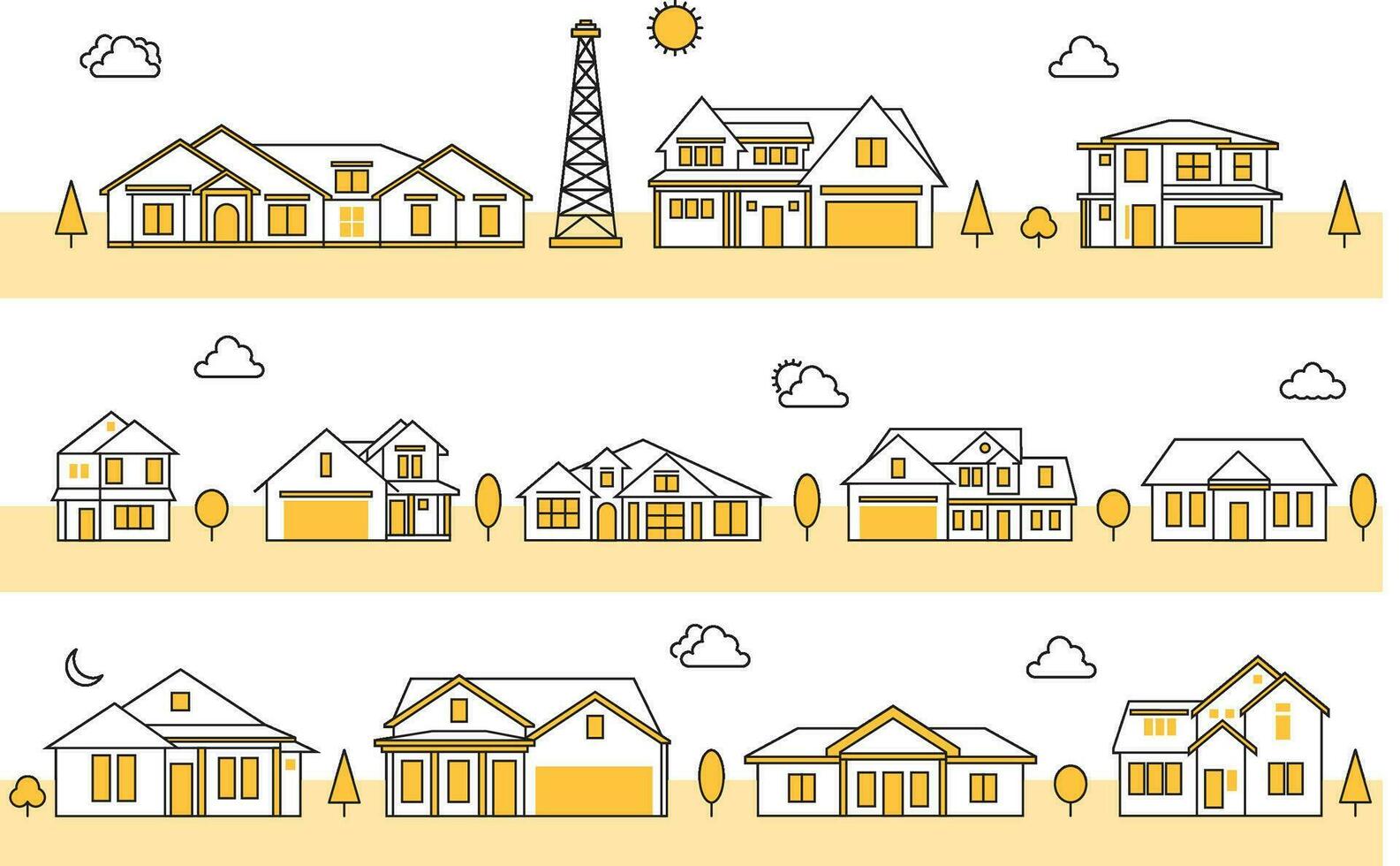 Simple suburban houses, cityscape vector set