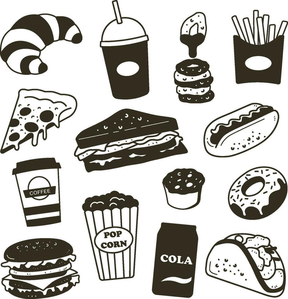 Various fast food doodle silhouette vector