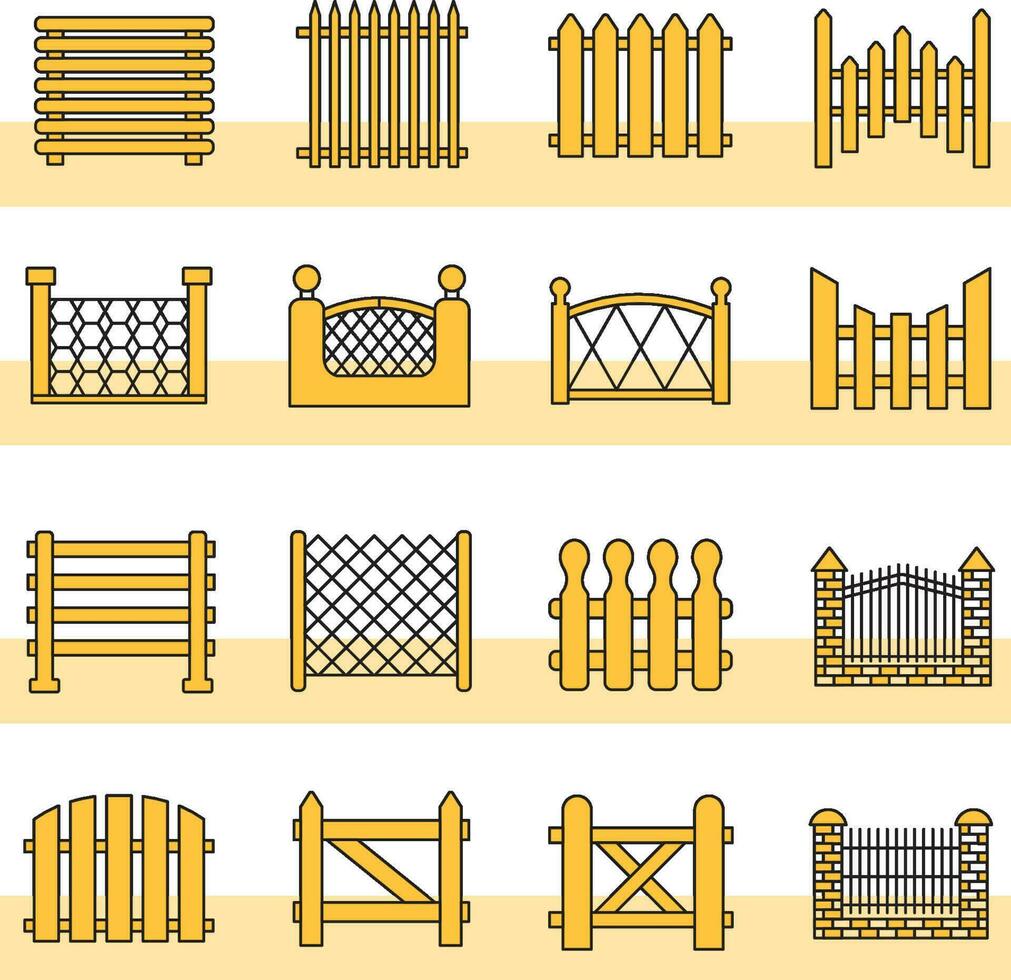 Vector illustration set of different fences line style white and yellow color. gate, fence, door entrance, stop sign.