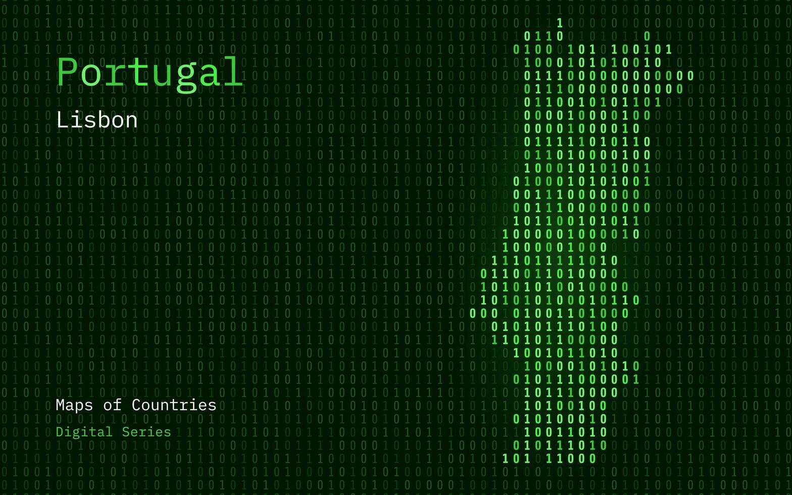 Portugal Green Map Shown in Binary Code Pattern. Matrix numbers, zero, one. World Countries Vector Maps. Digital Series