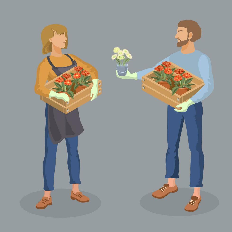 Man and girl are holding flowerpots in boxes. Isometric. Vector. vector
