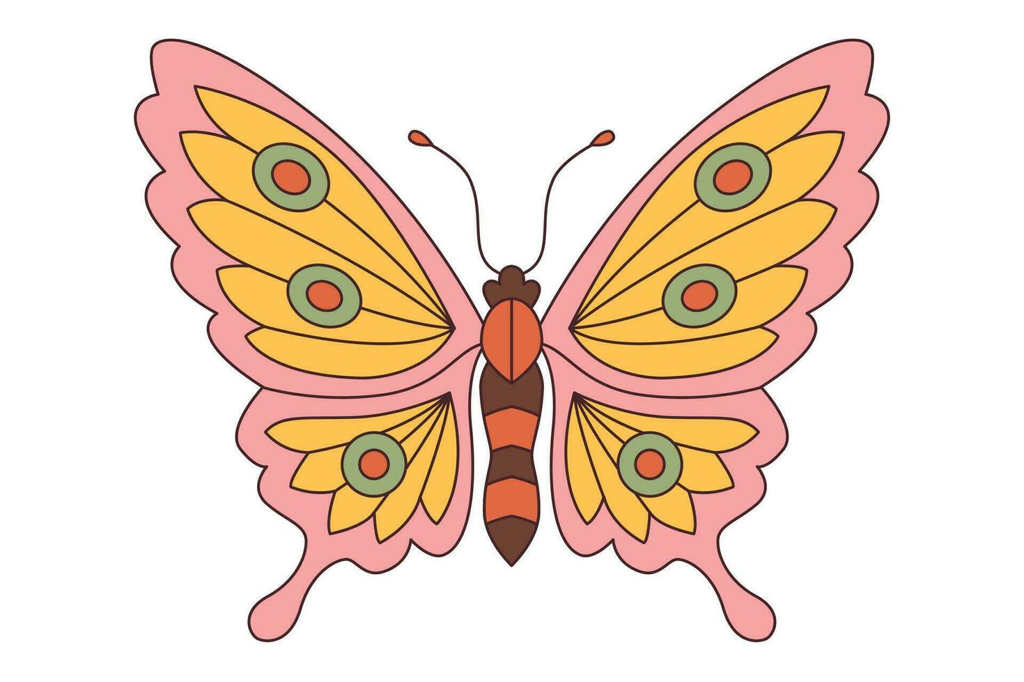 maravilloso mariposa. hippie 60s 70s retro estilo. amarillo, rosado verde colores. vector