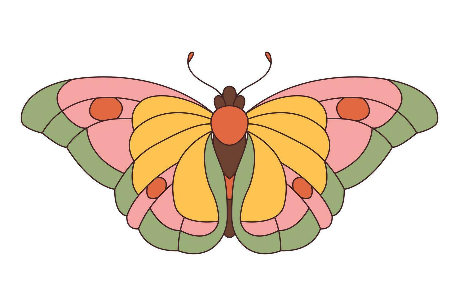 Groovy butterfly. Hippie 60s 70s retro style. Yellow, pink green colors. vector