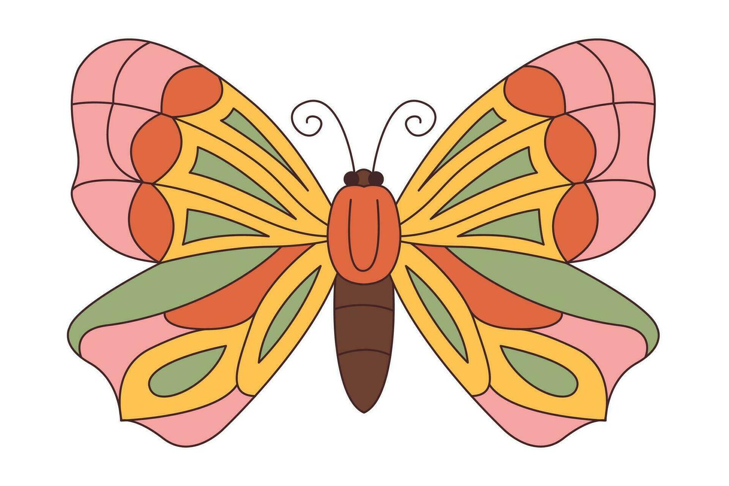 Groovy butterfly. Hippie 60s 70s retro style. Yellow, pink green colors. vector
