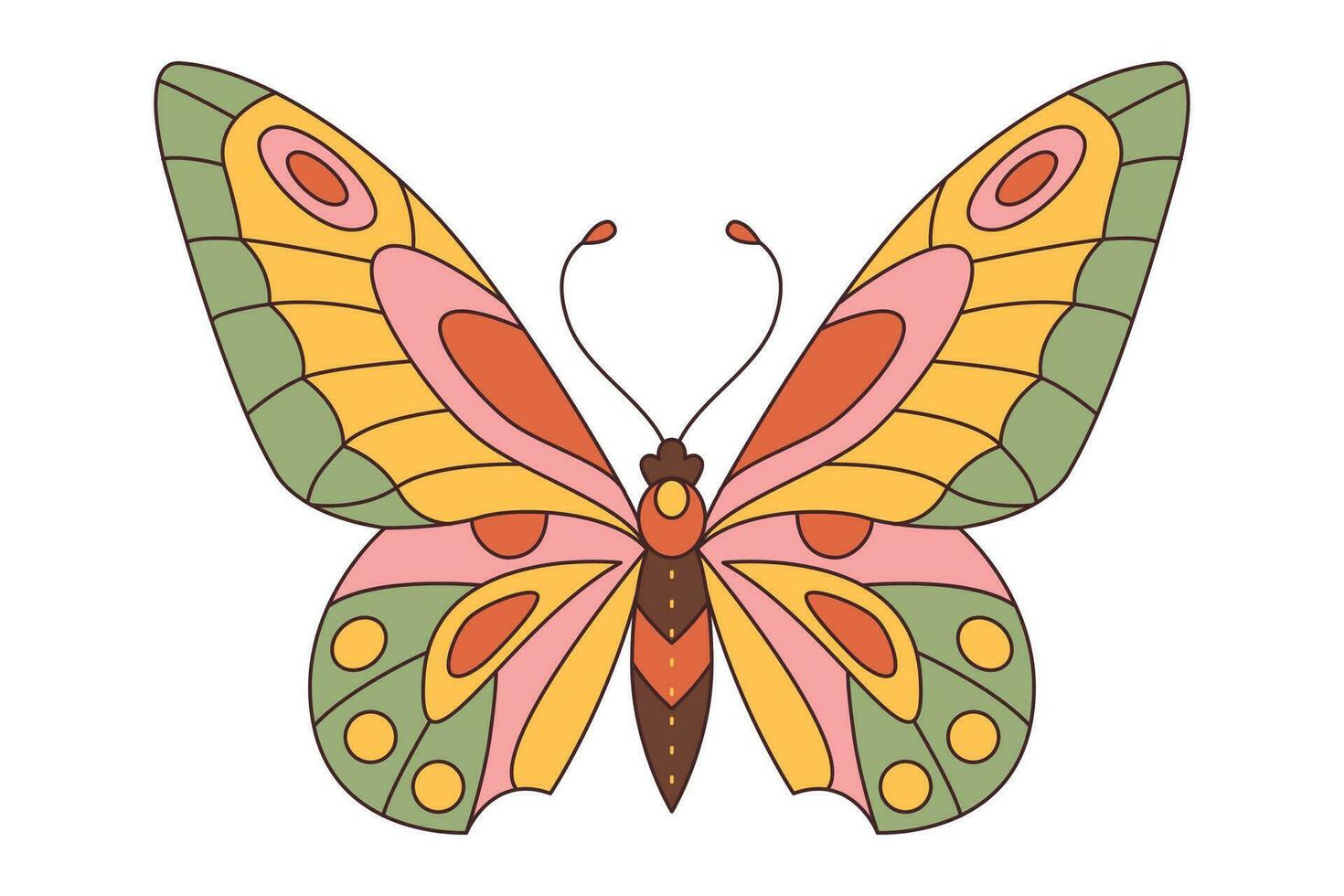 Groovy butterfly. Hippie 60s 70s retro style. Yellow, pink green colors. vector