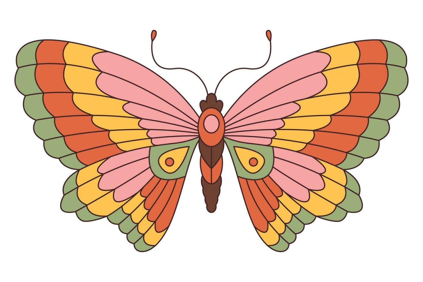 Groovy butterfly. Hippie 60s 70s retro style. Yellow, pink green colors. vector