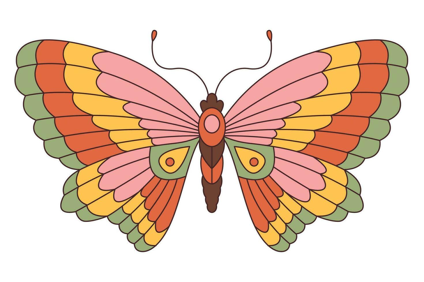 maravilloso mariposa. hippie 60s 70s retro estilo. amarillo, rosado verde colores. vector