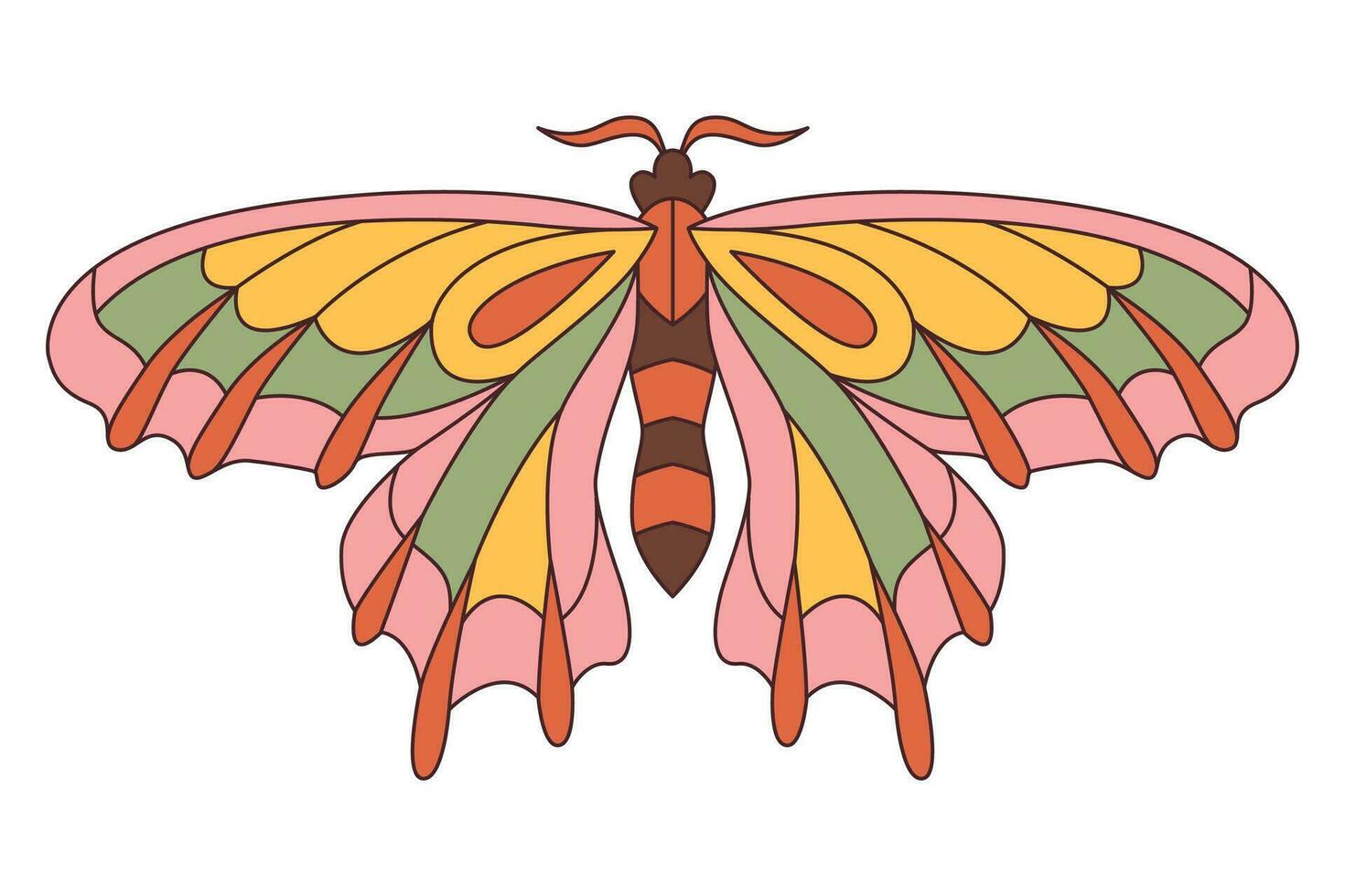 Groovy butterfly. Hippie 60s 70s retro style. Yellow, pink green colors. vector