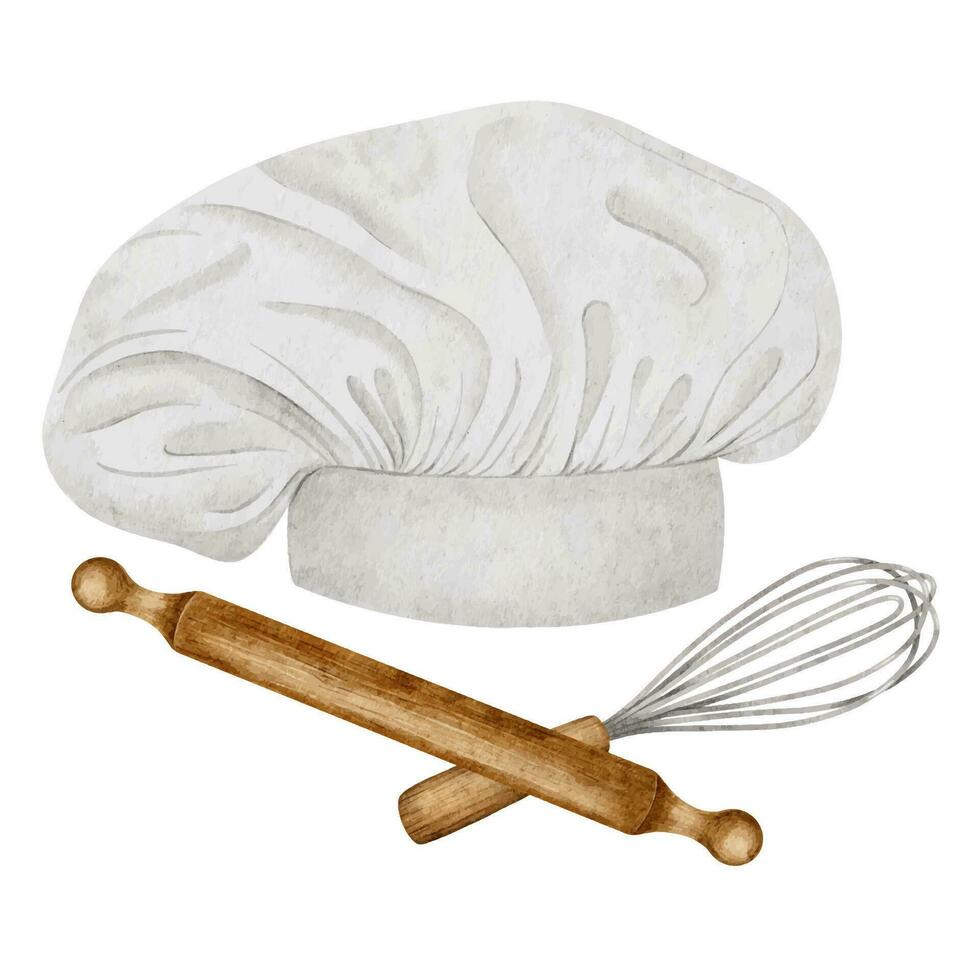Chef Hat with and kitchen utensils. Wooden whisk and rolling pin. Watercolor illustration. Isolated. Culinary clipart for food blogs, design of labels, packaging of good, cards, element for cookbook vector