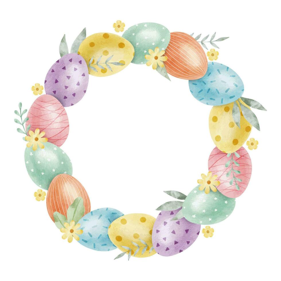 Frame of cute colorful Easter eggs, flowers and leaves. Paschal Concept with Easter Eggs with Pastel Colors. Isolated watercolor illustration. Design for Easter cards, covers, posters and invitations. vector