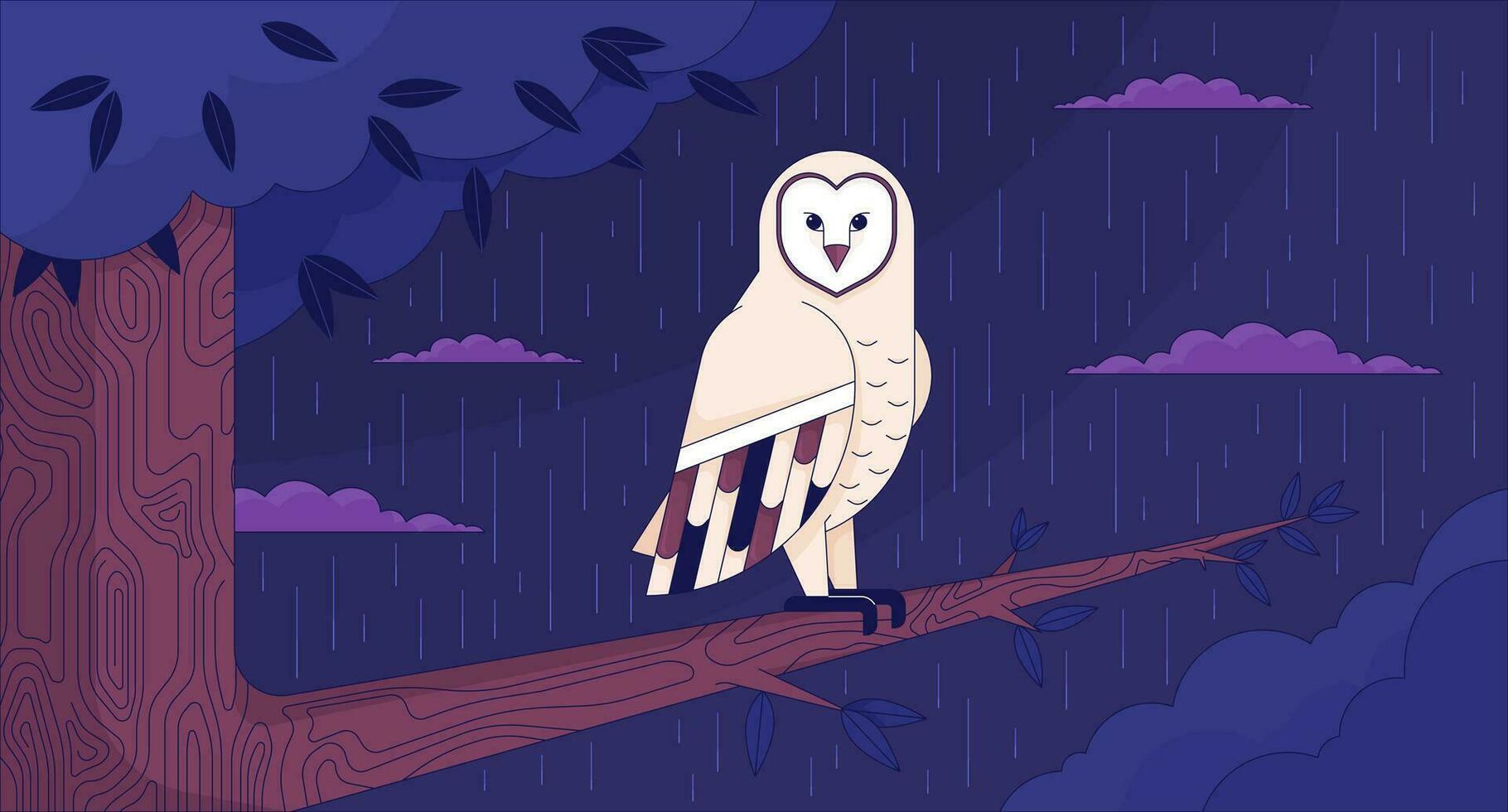 Owl sitting on tree branch in night rainy lofi wallpaper. Nocturnal bird of prey forest rainy 2D cartoon flat illustration. Nostalgia. Dreamy vibe chill vector art, lo fi aesthetic colorful background