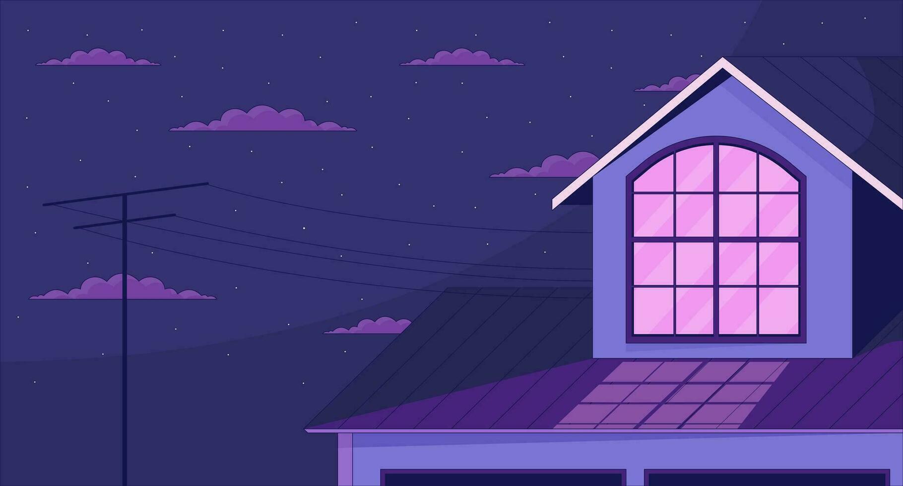 Outside window attic on starry night clouds 2D cartoon background. Nighttime roof house outdoor colorful aesthetic vector illustration, nobody. Cottage evening flat line wallpaper art, lofi image