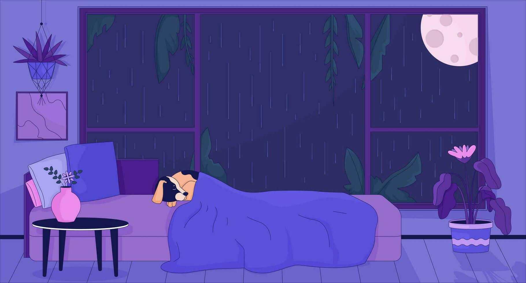 Dog sleeping in bed at night rainy 2D cartoon background. Sleepy puppy