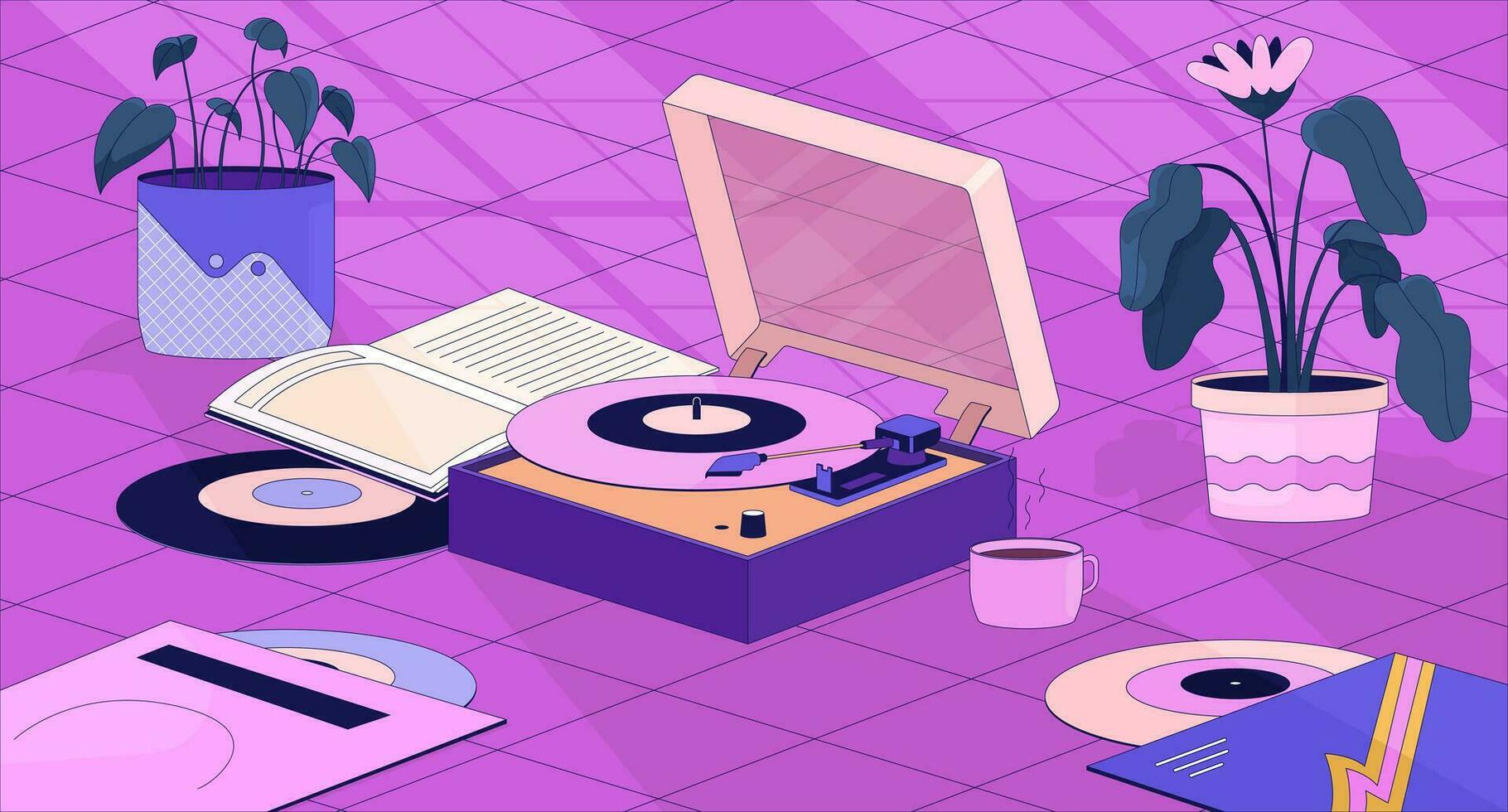 boho vinilo jugador macetas lofi fondo de pantalla. fonógrafo registros, plantas de interior 2d dibujos animados plano ilustración. nostalgia retro estilo. soñador vibraciones frío vector arte, lo fi estético vistoso antecedentes