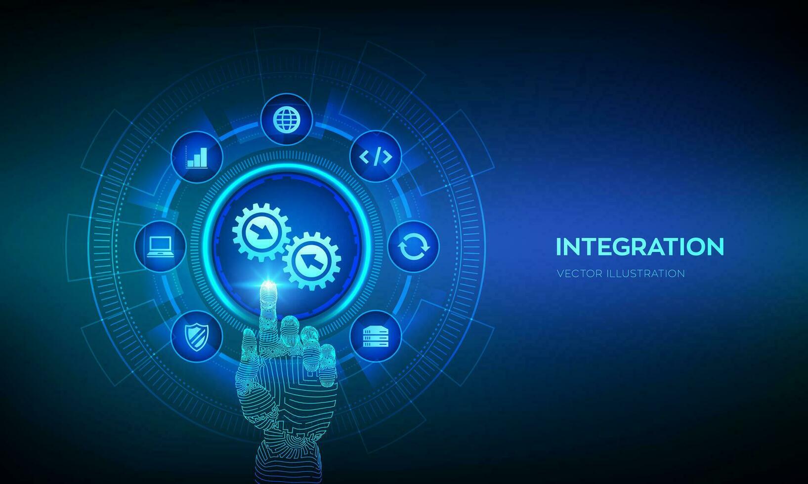 Integration data system. System Integration concept on virtual screen. Industrial smart technology. Business automation solutions. Robotic hand touching digital interface. Vector illustration.