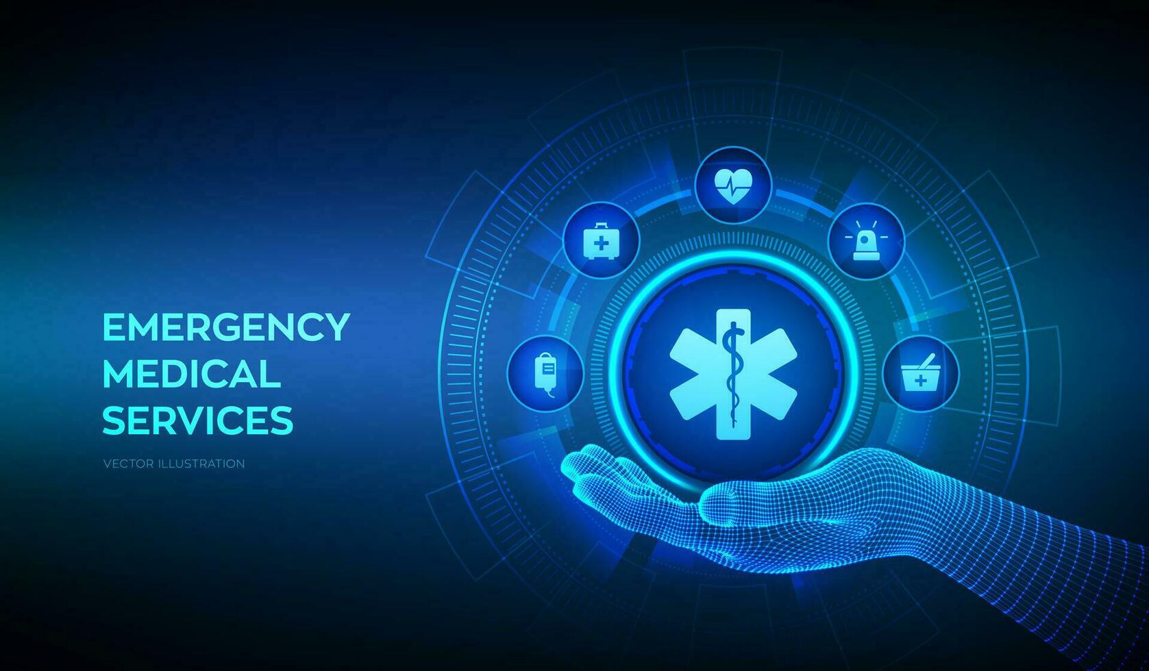 emergencia médico servicios icono en estructura metálica mano. en línea médico apoyo. medicina y cuidado de la salud solicitud. emergencia Servicio concepto en virtual pantalla. vector ilustración.