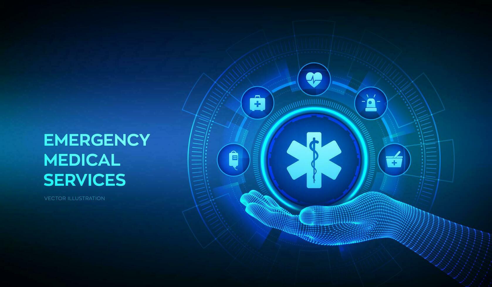 Emergency medical services icon in wireframe hand. Online medical support. Medicine and healthcare application. Emergency service concept on virtual screen. Vector illustration.